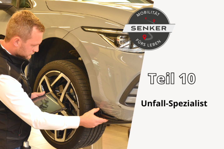 Jetzt zum Thema Unfall-Spezialist im Senker Blog "Mobilität fürs Leben" informieren - Karosseriebautechniker bei Inspektion eines Schadens