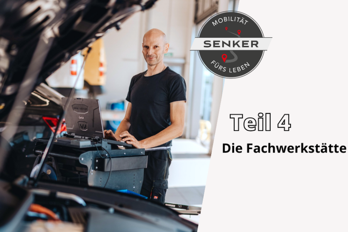 Jetzt zum Thema Marken-Fachwerkstätte im Senker Blog "Mobilität fürs Leben" informieren - Mechaniker bei der Fehlersuche am Diagnosecomputer