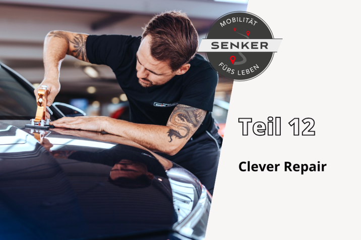 Jetzt zum Thema Clever Repair im Senker Blog "Mobilität fürs Leben" informieren - Karosseriebautechniker beim Dellen drücken